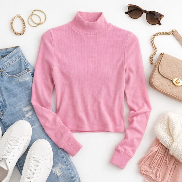 American Eagle Outfitters Tops - American Eagle | Pink Ribbed Mock Neck Long Sleeve Top | Stretch | Size XS